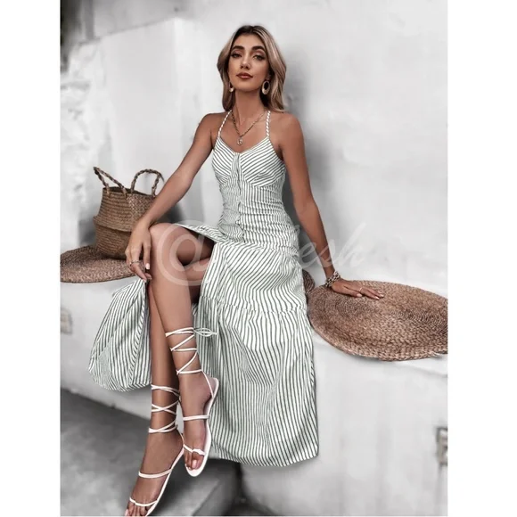 Striped Boho Maxi Button Front White Dress - Picture 5 of 8